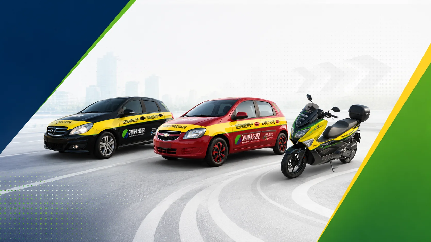 Carro automático, carro manual e moto da Caminho Seguro Treinamentos